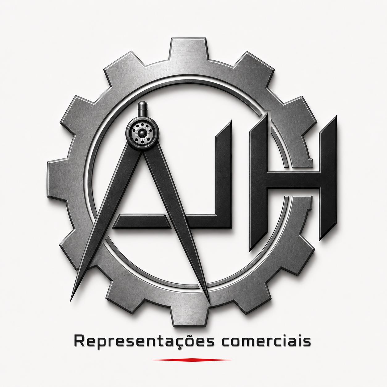 Logotipo AJH Representações Comerciais, com engrenagem metálica